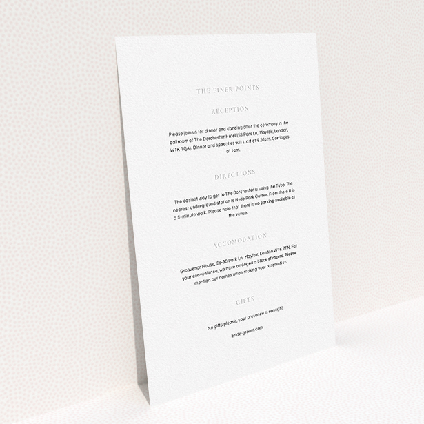A wedding info sheet design named "Signature script". It is an A5 card in a portrait orientation. "Signature script" is available as a flat card, with mainly white colouring.