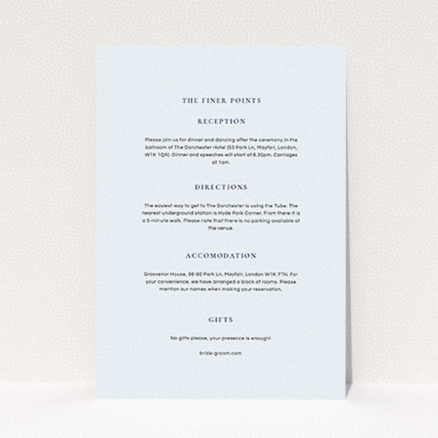 A wedding info sheet design titled "Signature script". It is an A6 card in a portrait orientation. "Signature script" is available as a flat card, with mainly light blue colouring.