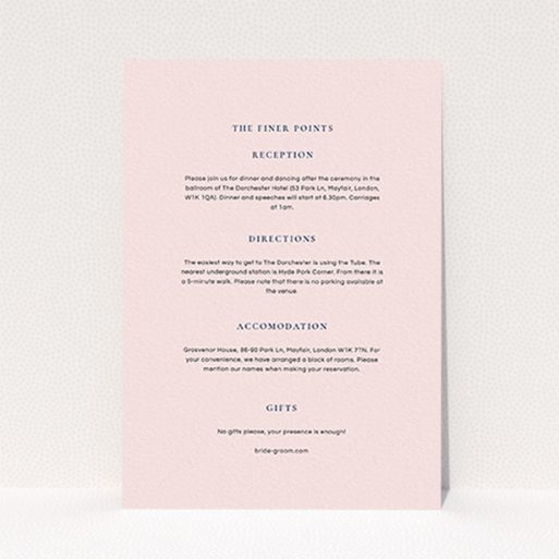 A wedding info sheet template titled "Signature script". It is an A6 card in a portrait orientation. "Signature script" is available as a flat card, with mainly light pink colouring.