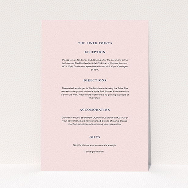 A wedding info sheet template titled "Signature script". It is an A6 card in a portrait orientation. "Signature script" is available as a flat card, with mainly light pink colouring.