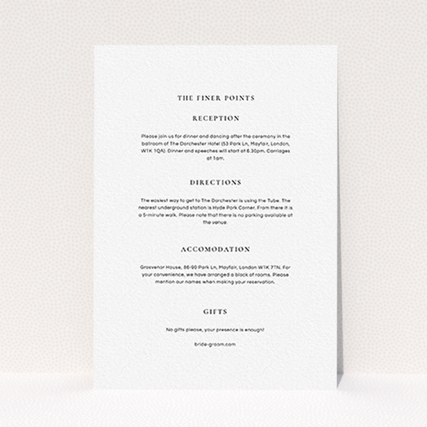 A wedding info sheet template titled "Signature script". It is an A6 card in a portrait orientation. "Signature script" is available as a flat card, with mainly white colouring.
