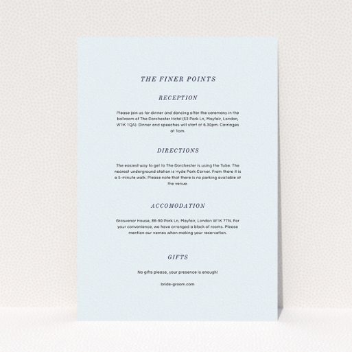 A wedding info sheet design called "Simple circle border". It is an A5 card in a portrait orientation. "Simple circle border" is available as a flat card, with mainly light blue colouring.