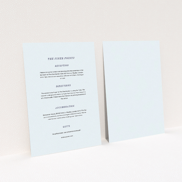 A wedding info sheet design called "Simple circle border". It is an A5 card in a portrait orientation. "Simple circle border" is available as a flat card, with mainly light blue colouring.