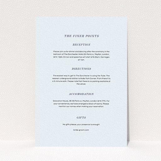 A wedding info sheet template titled "Simple circle border". It is an A6 card in a portrait orientation. "Simple circle border" is available as a flat card, with mainly light blue colouring.