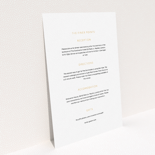 A wedding info sheet named "Simple lines". It is an A5 card in a portrait orientation. "Simple lines" is available as a flat card, with mainly white colouring.