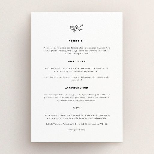 Wedding Info Sheet Design - "Simple Wreath" A wedding info sheet design titled "Simple Wreath". It is an A5 card in a portrait orientation. "Simple Wreath" is available as a flat card, with mainly white colouring.