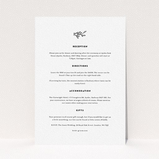 A wedding info sheet template titled "Simple Wreath". It is an A6 card in a portrait orientation. "Simple Wreath" is available as a flat card, with mainly white colouring.