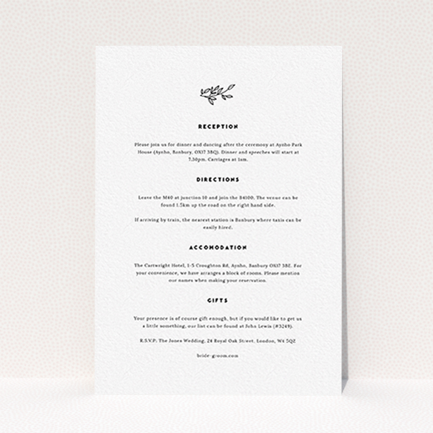 A wedding info sheet template titled "Simple Wreath". It is an A6 card in a portrait orientation. "Simple Wreath" is available as a flat card, with mainly white colouring.