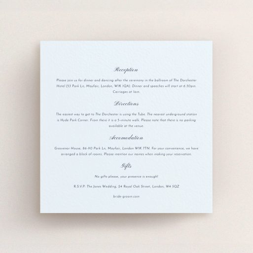 Wedding Information Insert Sheets - Square Slant (Light Blue) A wedding info sheet called "Square slant". It is a square (148mm x 148mm) card in a square orientation. "Square slant" is available as a flat card, with mainly light blue colouring.