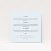 A wedding info sheet called "Square slant". It is a square (148mm x 148mm) card in a square orientation. "Square slant" is available as a flat card, with mainly light blue colouring.