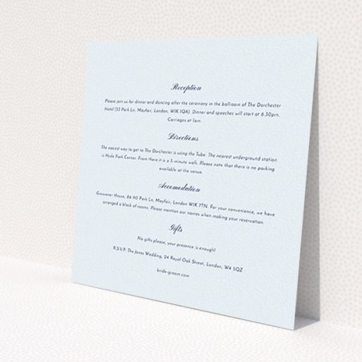A wedding info sheet called 'Square slant'. It is a square (148mm x 148mm) card in a square orientation. 'Square slant' is available as a flat card, with mainly light blue colouring.