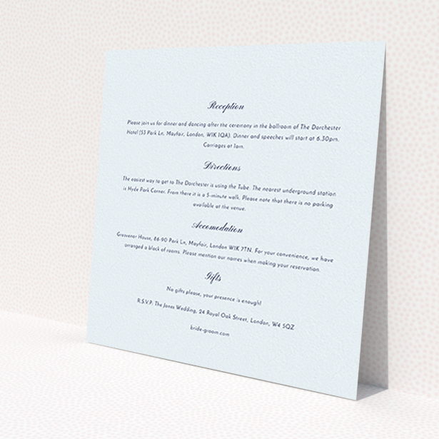 A wedding info sheet called "Square slant". It is a square (148mm x 148mm) card in a square orientation. "Square slant" is available as a flat card, with mainly light blue colouring.