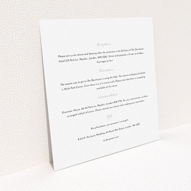 A wedding info sheet design titled "Square slant". It is a square (148mm x 148mm) card in a square orientation. "Square slant" is available as a flat card, with mainly white colouring.