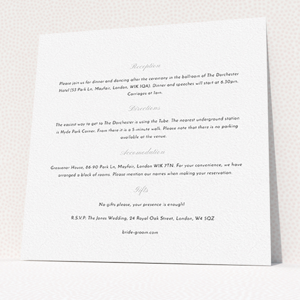 A wedding info sheet design titled "Square slant". It is a square (148mm x 148mm) card in a square orientation. "Square slant" is available as a flat card, with mainly white colouring.