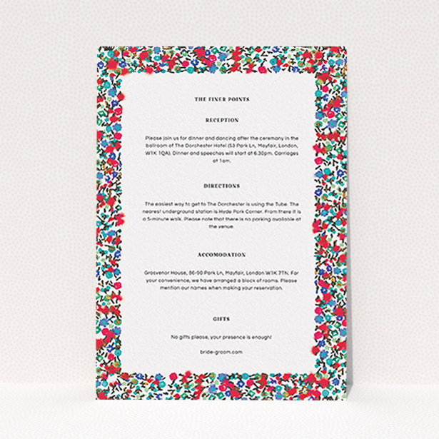 A wedding info sheet named "Summer from a distance". It is an A6 card in a portrait orientation. "Summer from a distance" is available as a flat card, with mainly red colouring.