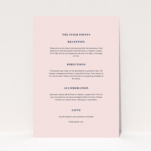 A wedding info sheet called "Take on the sides". It is an A5 card in a portrait orientation. "Take on the sides" is available as a flat card, with mainly light pink colouring.