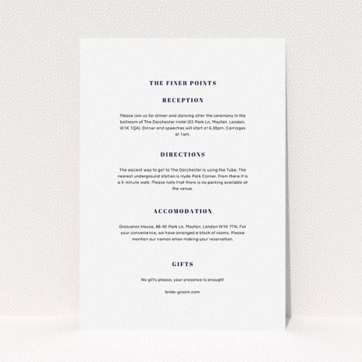 A wedding info sheet design called "Take on the sides". It is an A5 card in a portrait orientation. "Take on the sides" is available as a flat card, with mainly white colouring.
