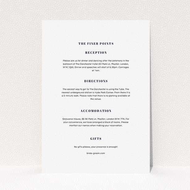 A wedding info sheet design called "Take on the sides". It is an A5 card in a portrait orientation. "Take on the sides" is available as a flat card, with mainly white colouring.