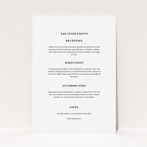 A wedding info sheet design titled "Take on the sides". It is an A5 card in a portrait orientation. "Take on the sides" is available as a flat card, with mainly white colouring.