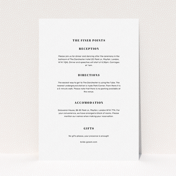 A wedding info sheet design titled "Take on the sides". It is an A5 card in a portrait orientation. "Take on the sides" is available as a flat card, with mainly white colouring.