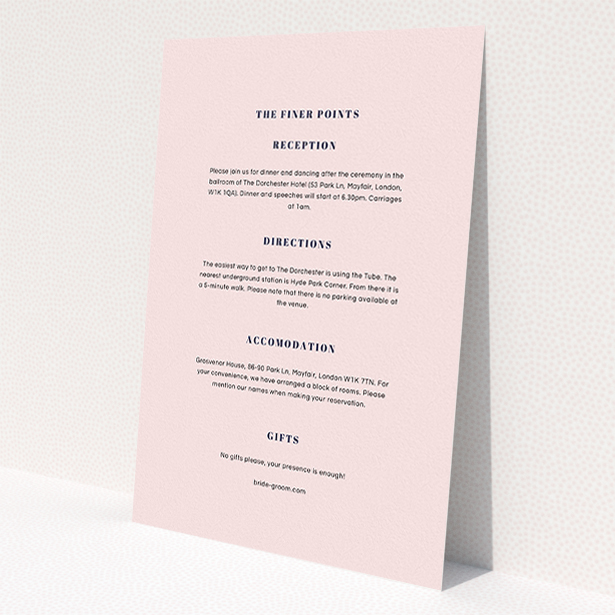 A wedding info sheet called 'Take on the sides'. It is an A5 card in a portrait orientation. 'Take on the sides' is available as a flat card, with mainly light pink colouring.