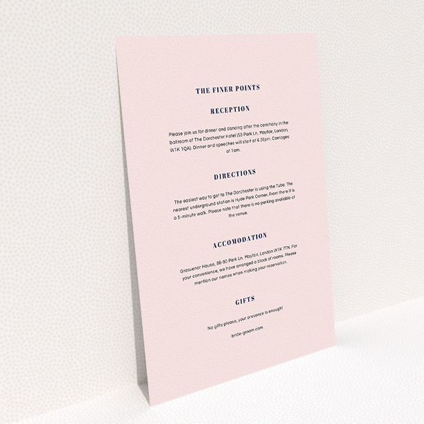 A wedding info sheet called "Take on the sides". It is an A5 card in a portrait orientation. "Take on the sides" is available as a flat card, with mainly light pink colouring.