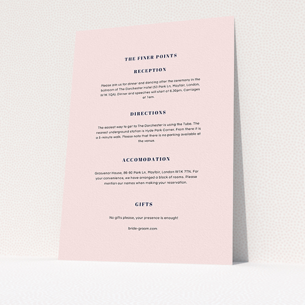 A wedding info sheet called "Take on the sides". It is an A5 card in a portrait orientation. "Take on the sides" is available as a flat card, with mainly light pink colouring.