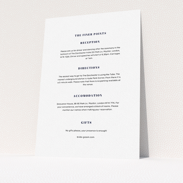 A wedding info sheet design called "Take on the sides". It is an A5 card in a portrait orientation. "Take on the sides" is available as a flat card, with mainly white colouring.
