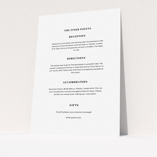 A wedding info sheet design titled "Take on the sides". It is an A5 card in a portrait orientation. "Take on the sides" is available as a flat card, with mainly white colouring.