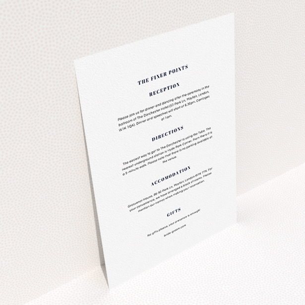A wedding info sheet design called "Take on the sides". It is an A5 card in a portrait orientation. "Take on the sides" is available as a flat card, with mainly white colouring.
