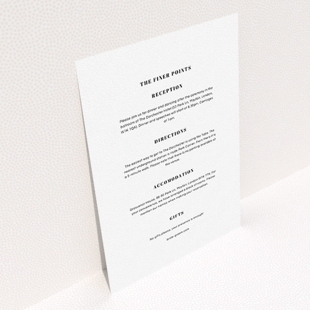 A wedding info sheet design titled "Take on the sides". It is an A5 card in a portrait orientation. "Take on the sides" is available as a flat card, with mainly white colouring.