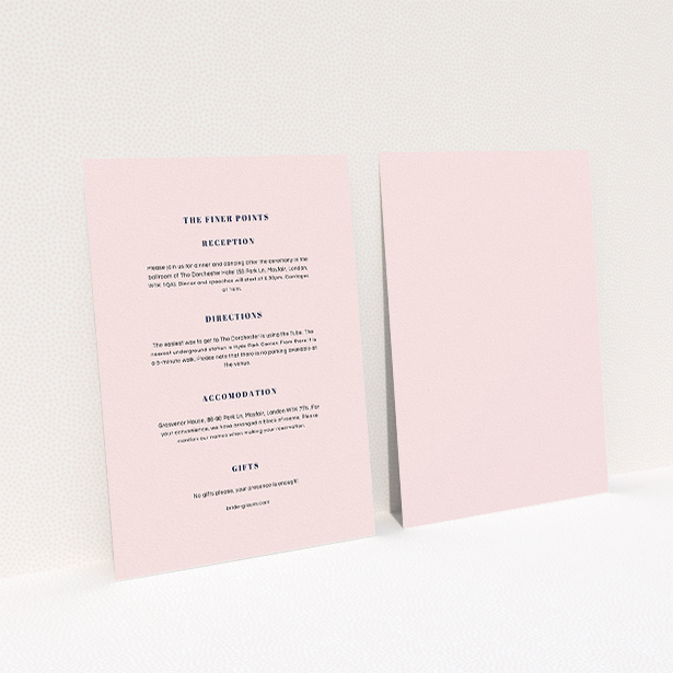 A wedding info sheet called "Take on the sides". It is an A5 card in a portrait orientation. "Take on the sides" is available as a flat card, with mainly light pink colouring.