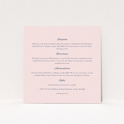 A wedding info sheet template titled "Tandem sheet". It is a square (148mm x 148mm) card in a square orientation. "Tandem sheet" is available as a flat card, with mainly light pink colouring.