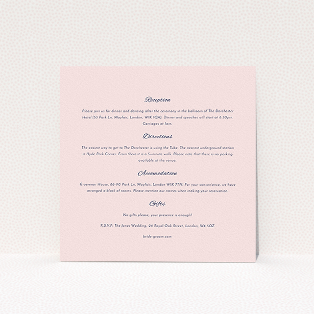 A wedding info sheet template titled "Tandem sheet". It is a square (148mm x 148mm) card in a square orientation. "Tandem sheet" is available as a flat card, with mainly light pink colouring.