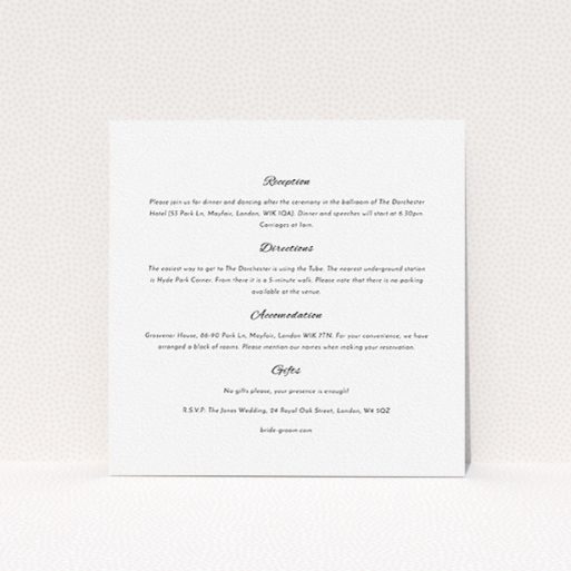 A wedding info sheet design named "Tandem sheet". It is a square (148mm x 148mm) card in a square orientation. "Tandem sheet" is available as a flat card, with mainly white colouring.