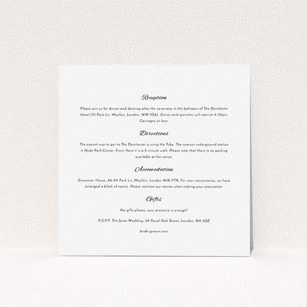 A wedding info sheet design named "Tandem sheet". It is a square (148mm x 148mm) card in a square orientation. "Tandem sheet" is available as a flat card, with mainly white colouring.
