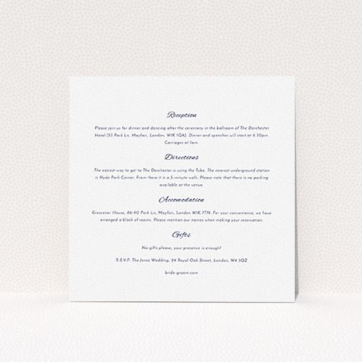 A wedding info sheet called "Tandem sheet". It is a square (148mm x 148mm) card in a square orientation. "Tandem sheet" is available as a flat card, with mainly white colouring.