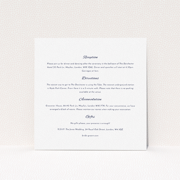 A wedding info sheet called "Tandem sheet". It is a square (148mm x 148mm) card in a square orientation. "Tandem sheet" is available as a flat card, with mainly white colouring.