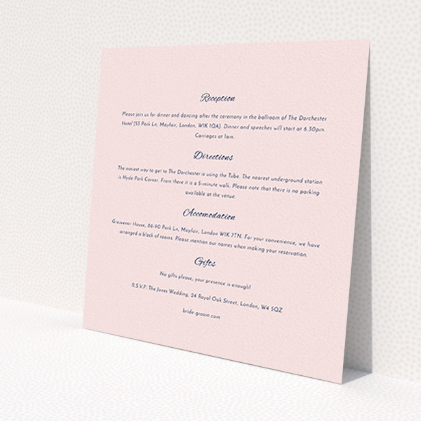 A wedding info sheet template titled 'Tandem sheet'. It is a square (148mm x 148mm) card in a square orientation. 'Tandem sheet' is available as a flat card, with mainly light pink colouring.