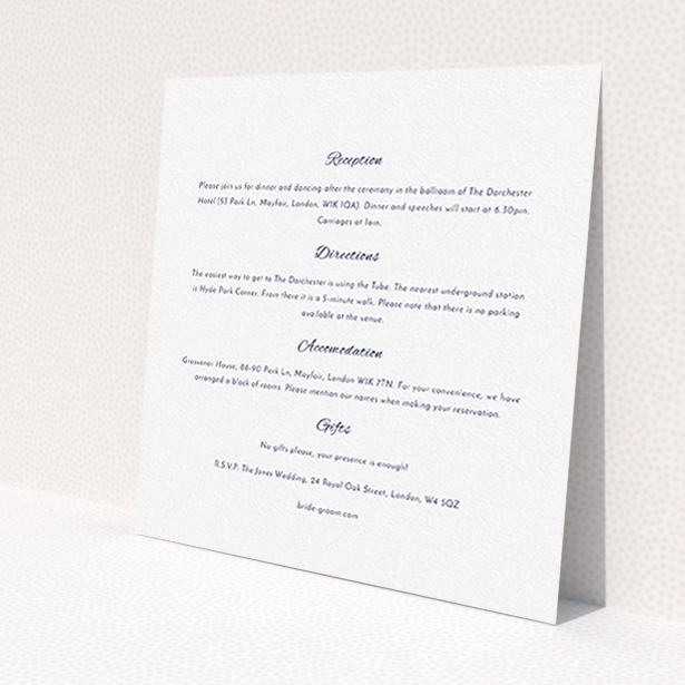 A wedding info sheet called 'Tandem sheet'. It is a square (148mm x 148mm) card in a square orientation. 'Tandem sheet' is available as a flat card, with mainly white colouring.