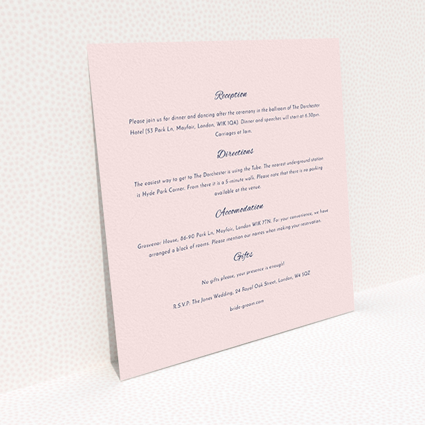 A wedding info sheet template titled "Tandem sheet". It is a square (148mm x 148mm) card in a square orientation. "Tandem sheet" is available as a flat card, with mainly light pink colouring.