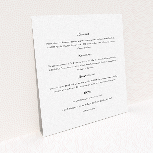 A wedding info sheet design named "Tandem sheet". It is a square (148mm x 148mm) card in a square orientation. "Tandem sheet" is available as a flat card, with mainly white colouring.