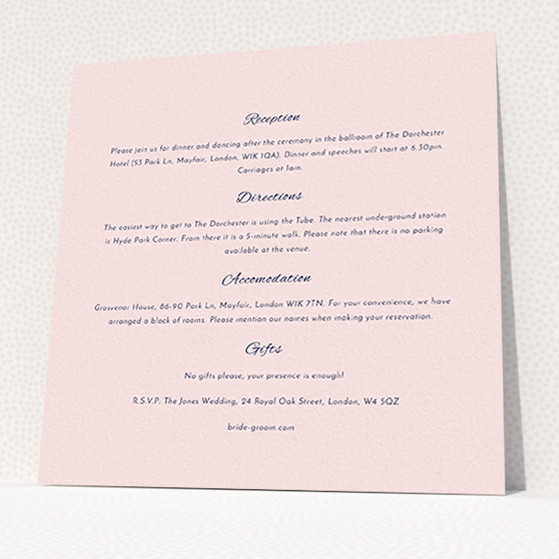 A wedding info sheet template titled "Tandem sheet". It is a square (148mm x 148mm) card in a square orientation. "Tandem sheet" is available as a flat card, with mainly light pink colouring.