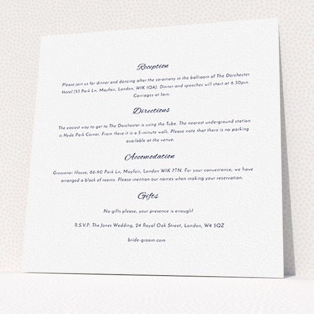 A wedding info sheet called "Tandem sheet". It is a square (148mm x 148mm) card in a square orientation. "Tandem sheet" is available as a flat card, with mainly white colouring.