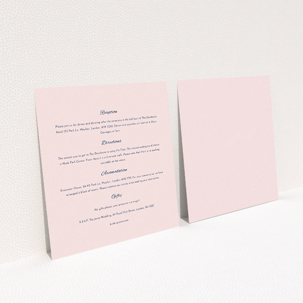 A wedding info sheet template titled "Tandem sheet". It is a square (148mm x 148mm) card in a square orientation. "Tandem sheet" is available as a flat card, with mainly light pink colouring.