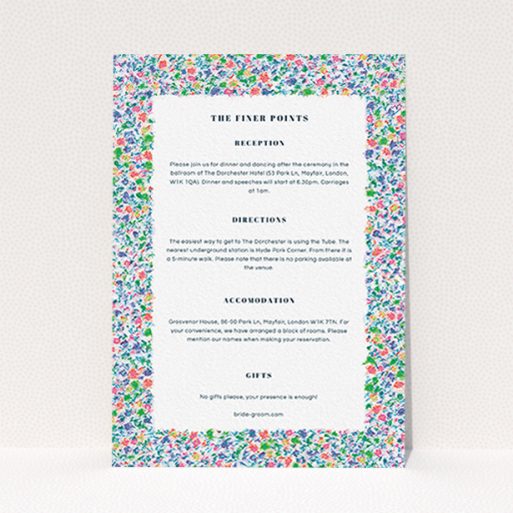 A wedding info sheet named "The faraway garden". It is an A6 card in a portrait orientation. "The faraway garden" is available as a flat card, with mainly blue colouring.
