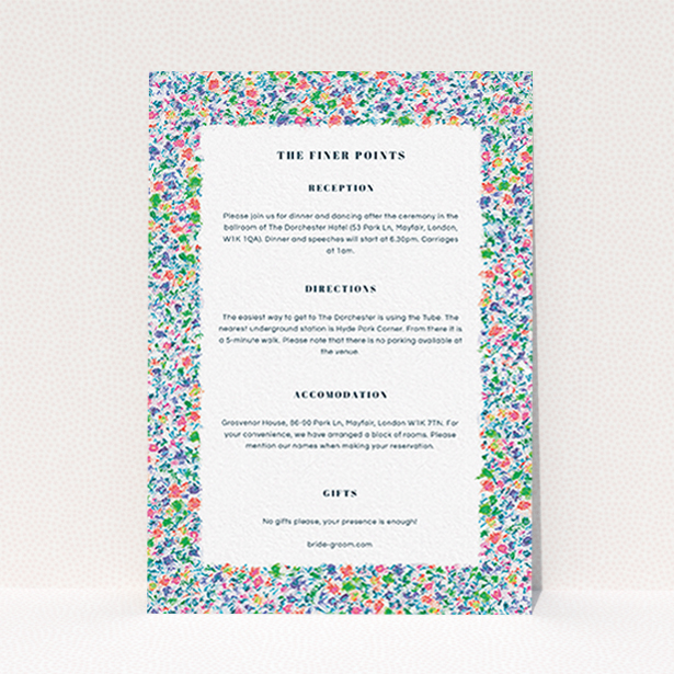 A wedding info sheet named "The faraway garden". It is an A6 card in a portrait orientation. "The faraway garden" is available as a flat card, with mainly blue colouring.