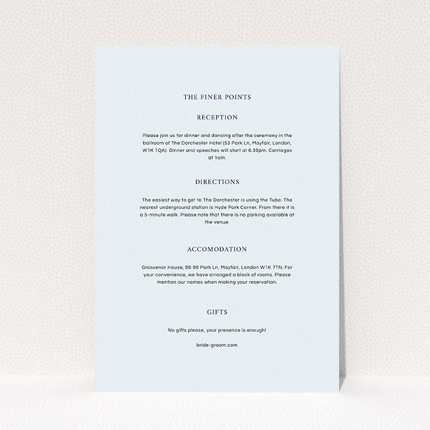 A wedding info sheet design called "To the left". It is an A5 card in a portrait orientation. "To the left" is available as a flat card, with mainly light blue colouring.