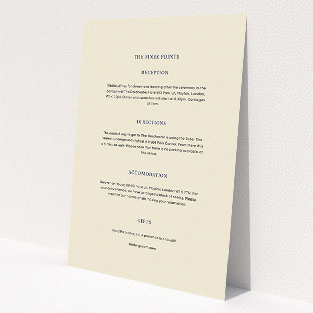 A wedding info sheet called "To the left". It is an A5 card in a portrait orientation. "To the left" is available as a flat card, with mainly cream colouring.