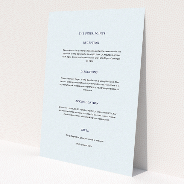 A wedding info sheet design called "To the left". It is an A5 card in a portrait orientation. "To the left" is available as a flat card, with mainly light blue colouring.